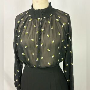 CABi Black Sheer Mesh Floral Oversized Blouse Top Small